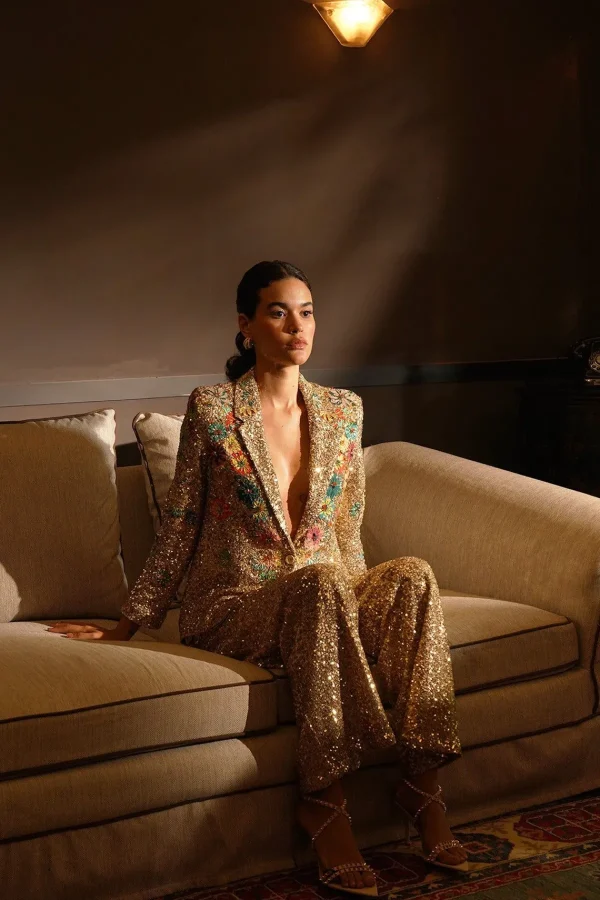RANNA GILL Alish Pekh In Roma 3D Embroidered Sequin Jacket Golden Fashion
