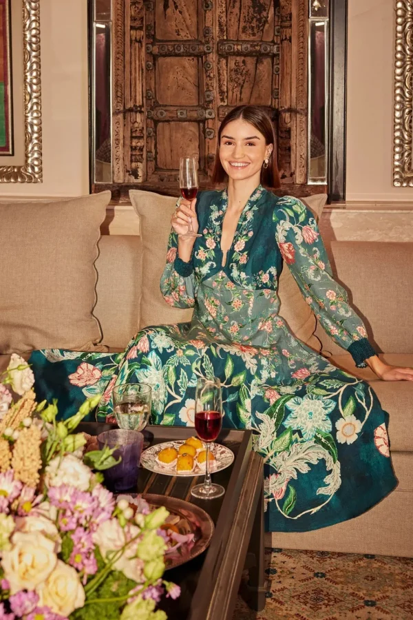 RANNA GILL Kennedy Dress Teal Forest Print Flash Sale