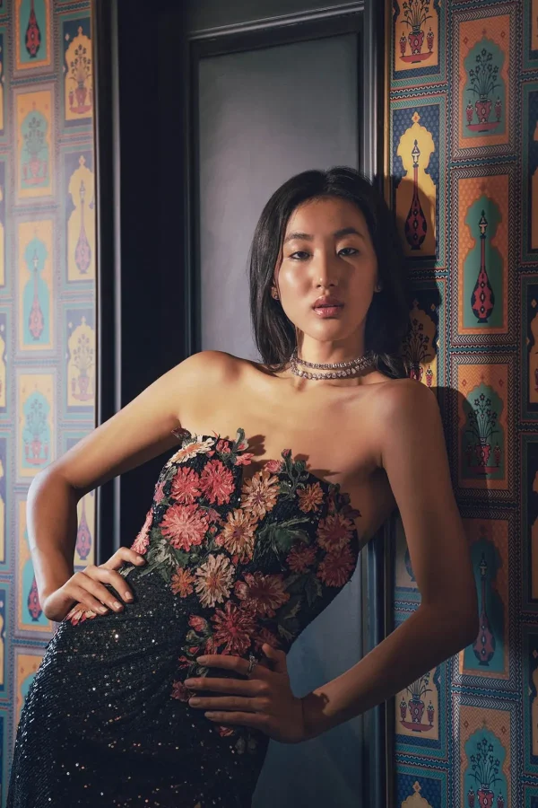 RANNA GILL Minerva High-Slit Sequin Gown Black Online