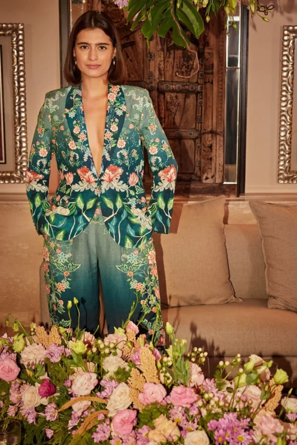 RANNA GILL Serenity Jacket Teal Forest Print New