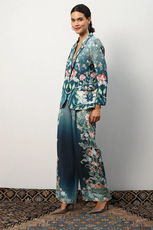 RANNA GILL Serenity Jacket Teal Forest Print New